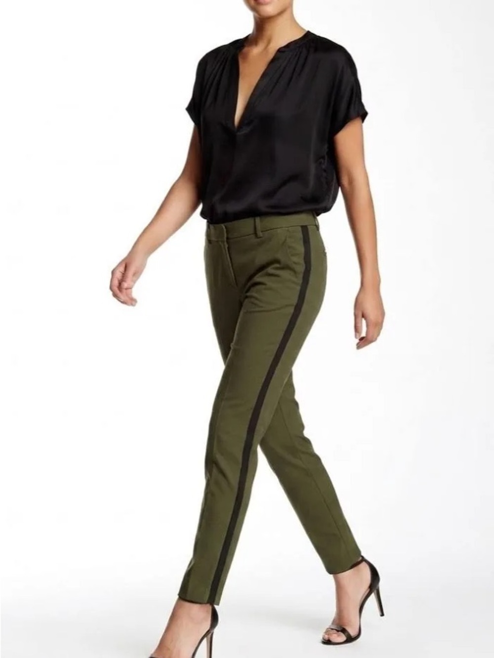 Vince Olive Green Ankle Pants with Black Side Stripe